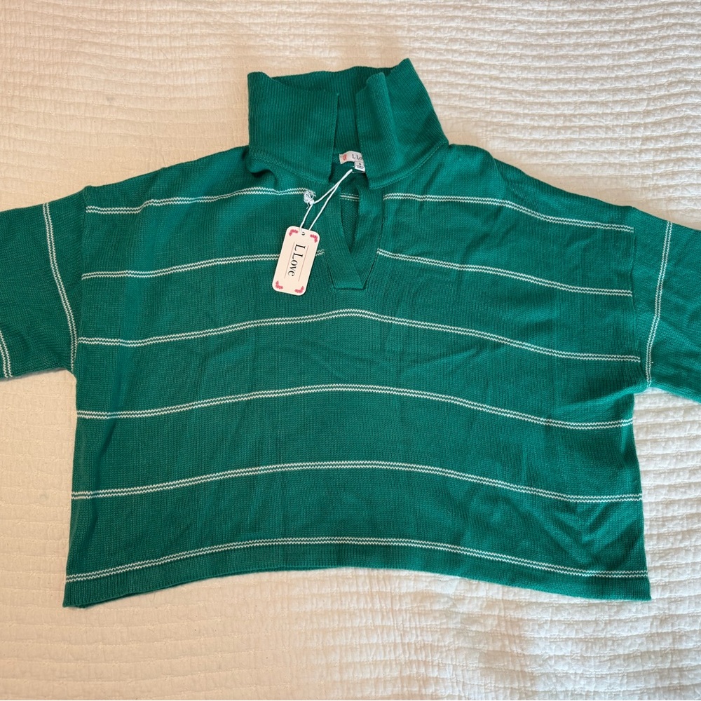L Love brand green knit cropped sweater with white stripes